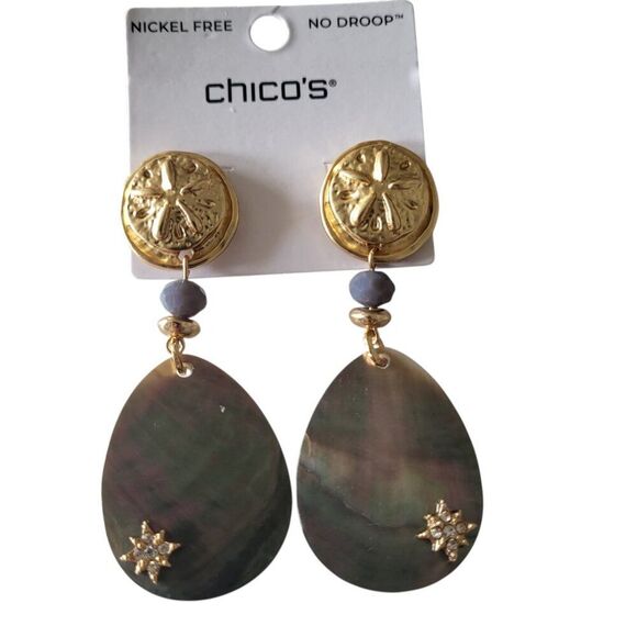 Chico’s Abalone Sand Dollar 2" Drop Pierced Earrings Coastal Beach BOHO Dangle - Picture 5 of 13